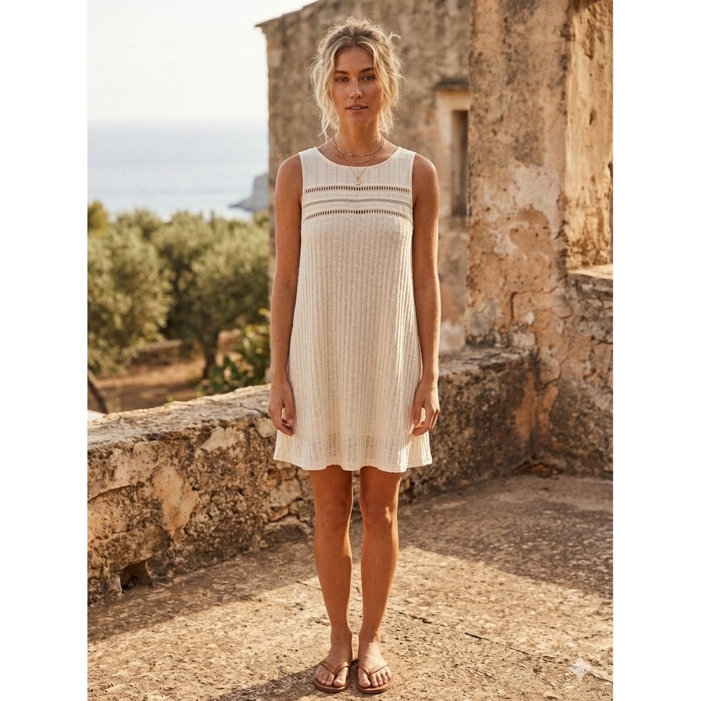 O'Neill Maja Sleeveless Ribbed Lace Trim Mini Dress Cream White SU7416002 M - Picture 1 of 10
